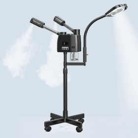 Professional 3 in 1 Facial Steamer on Wheels for Esthetician, Hot & Cold Mist, 5X LED Magnifying Lamp, Black